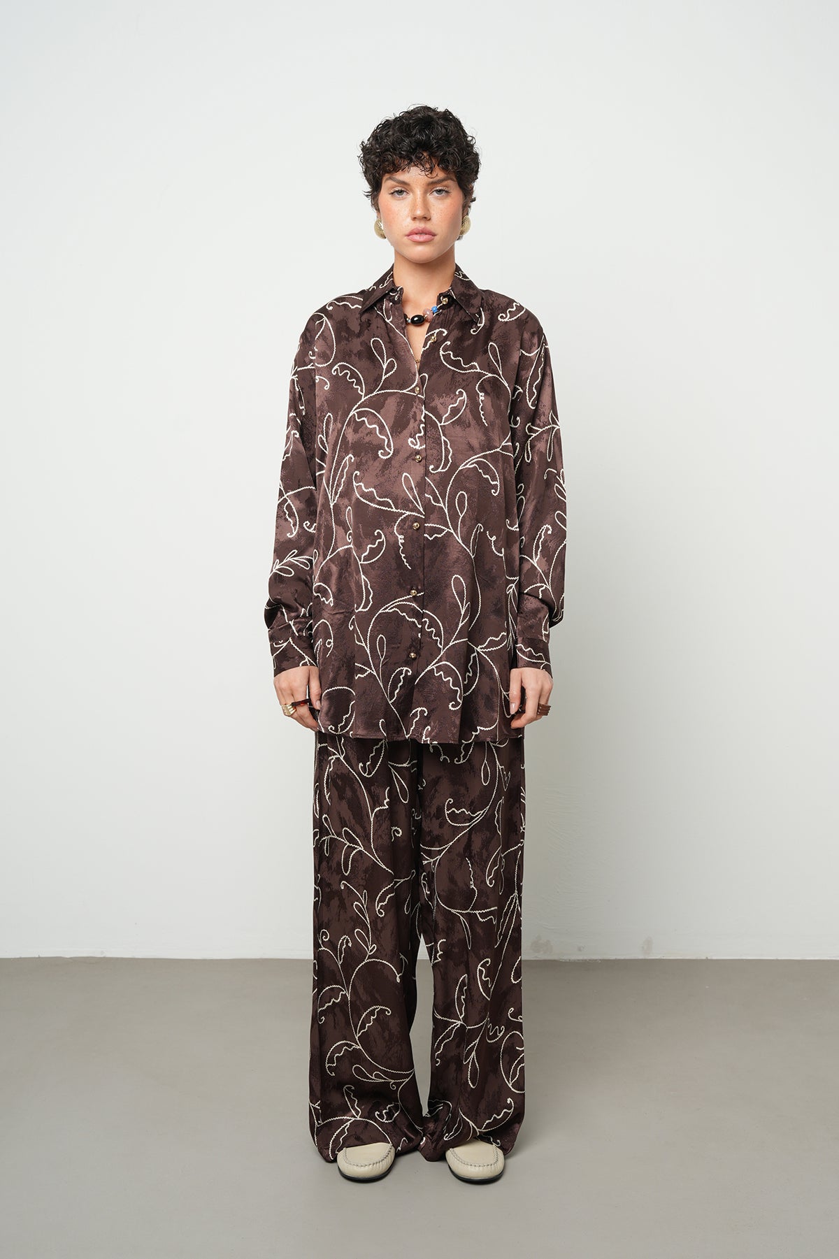 Orfeonegro Oversize Kahverengi Saten Gömlek