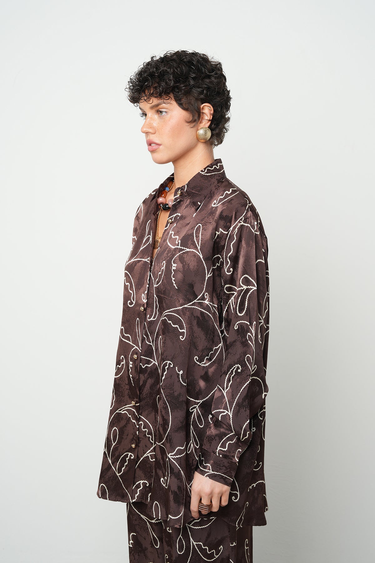 Orfeonegro Oversize Kahverengi Saten Gömlek