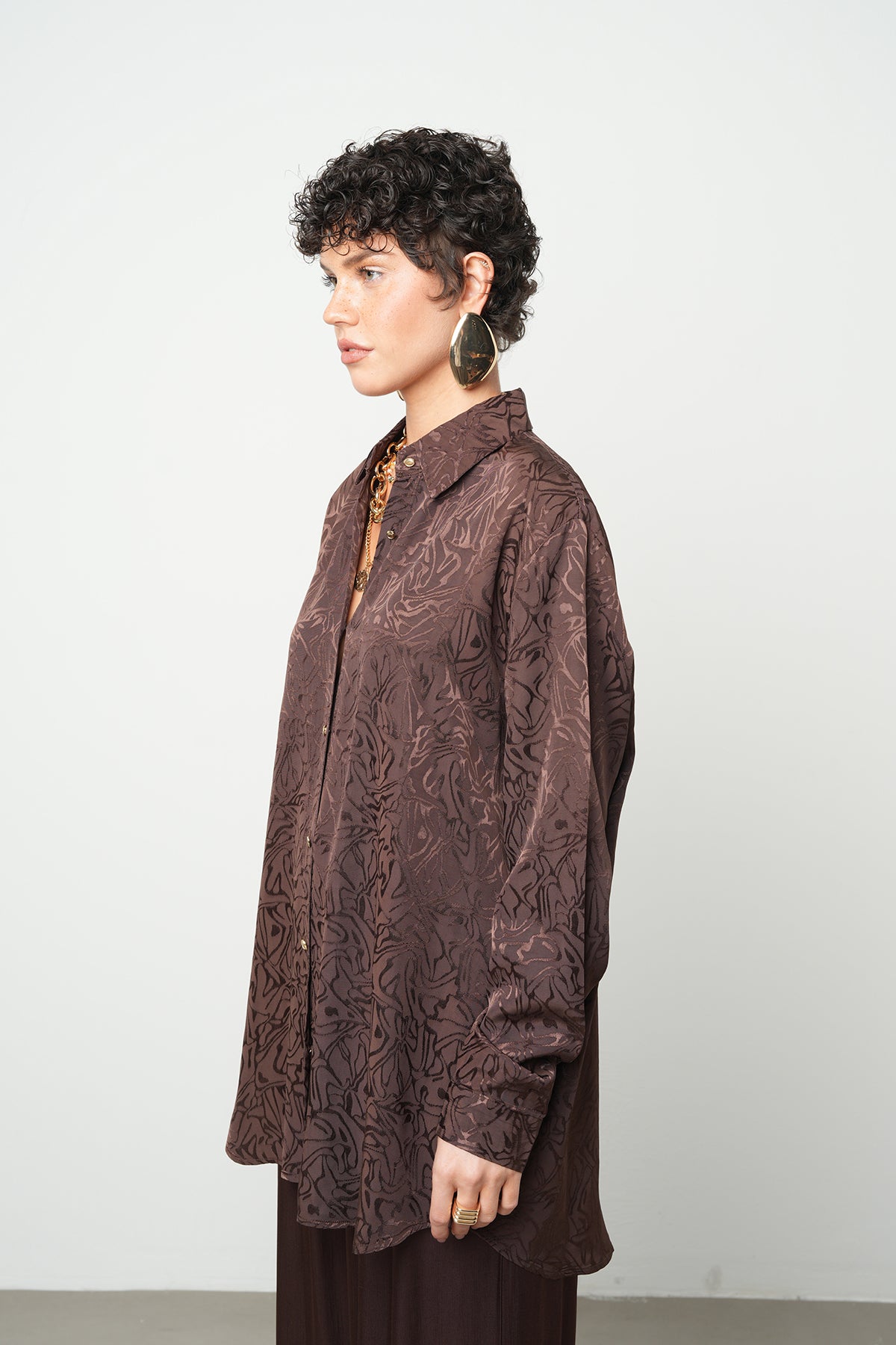 Orfeonegro Etnik Desenli Oversize Saten Gömlek