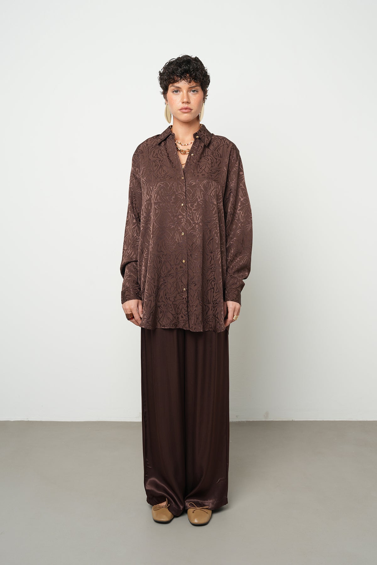 Orfeonegro Etnik Desenli Oversize Saten Gömlek