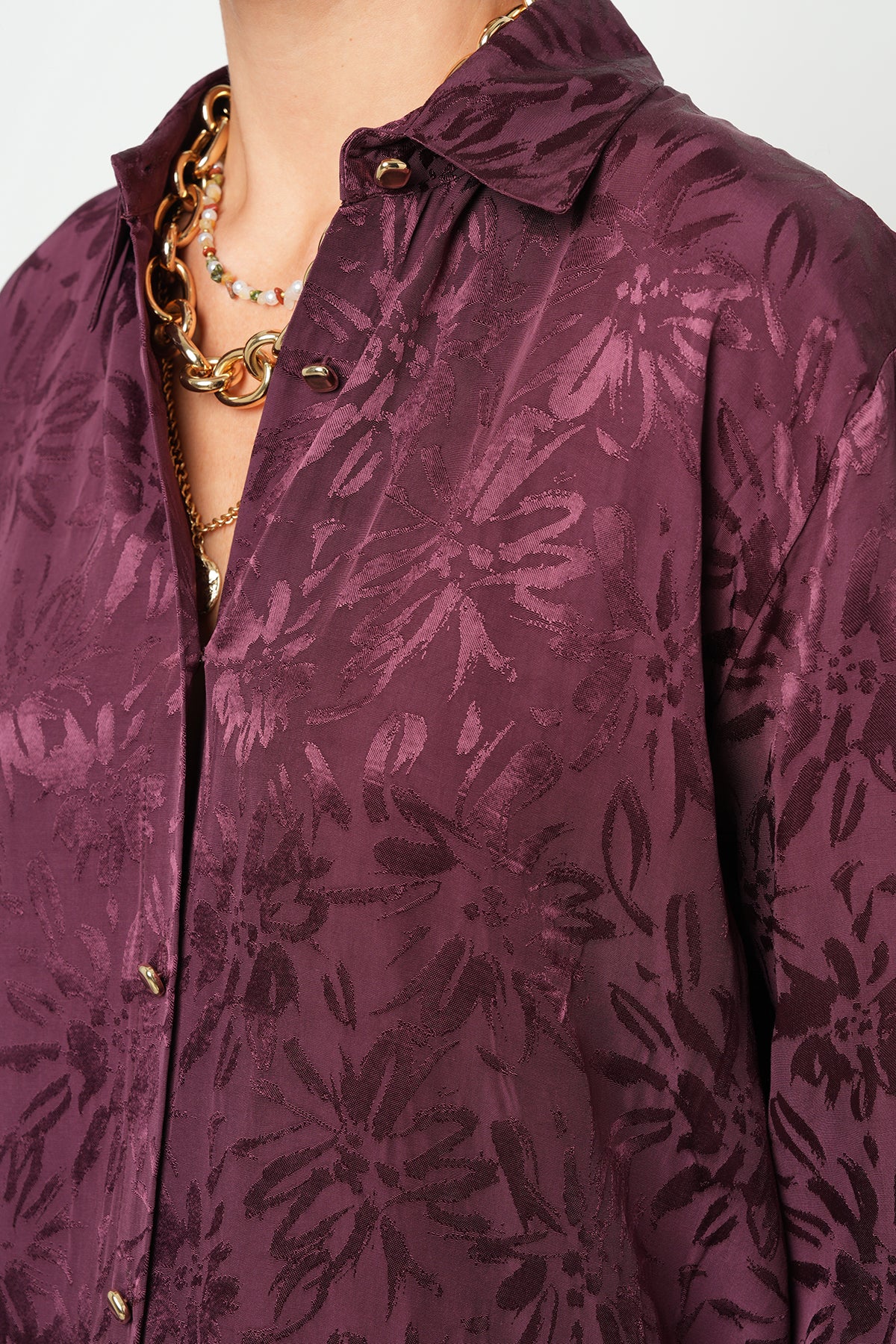 Jakarlı Çiçek Desenli Oversize Gömlek