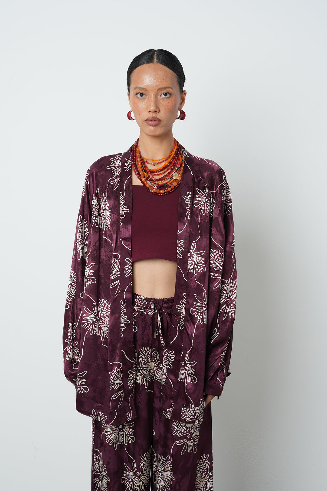 Bordo Çiçek Desenli Oversize Kimono
