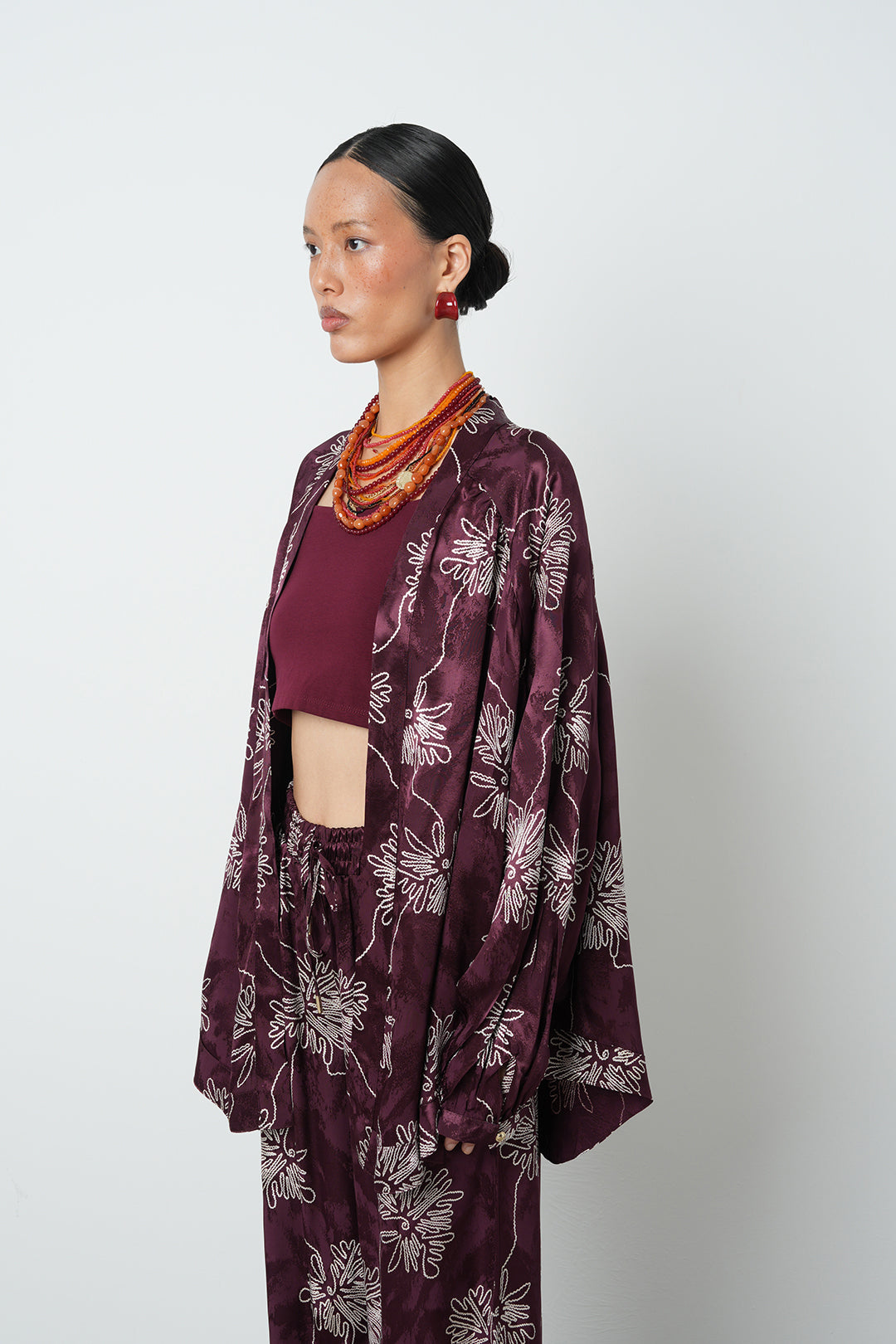 Bordo Çiçek Desenli Oversize Kimono