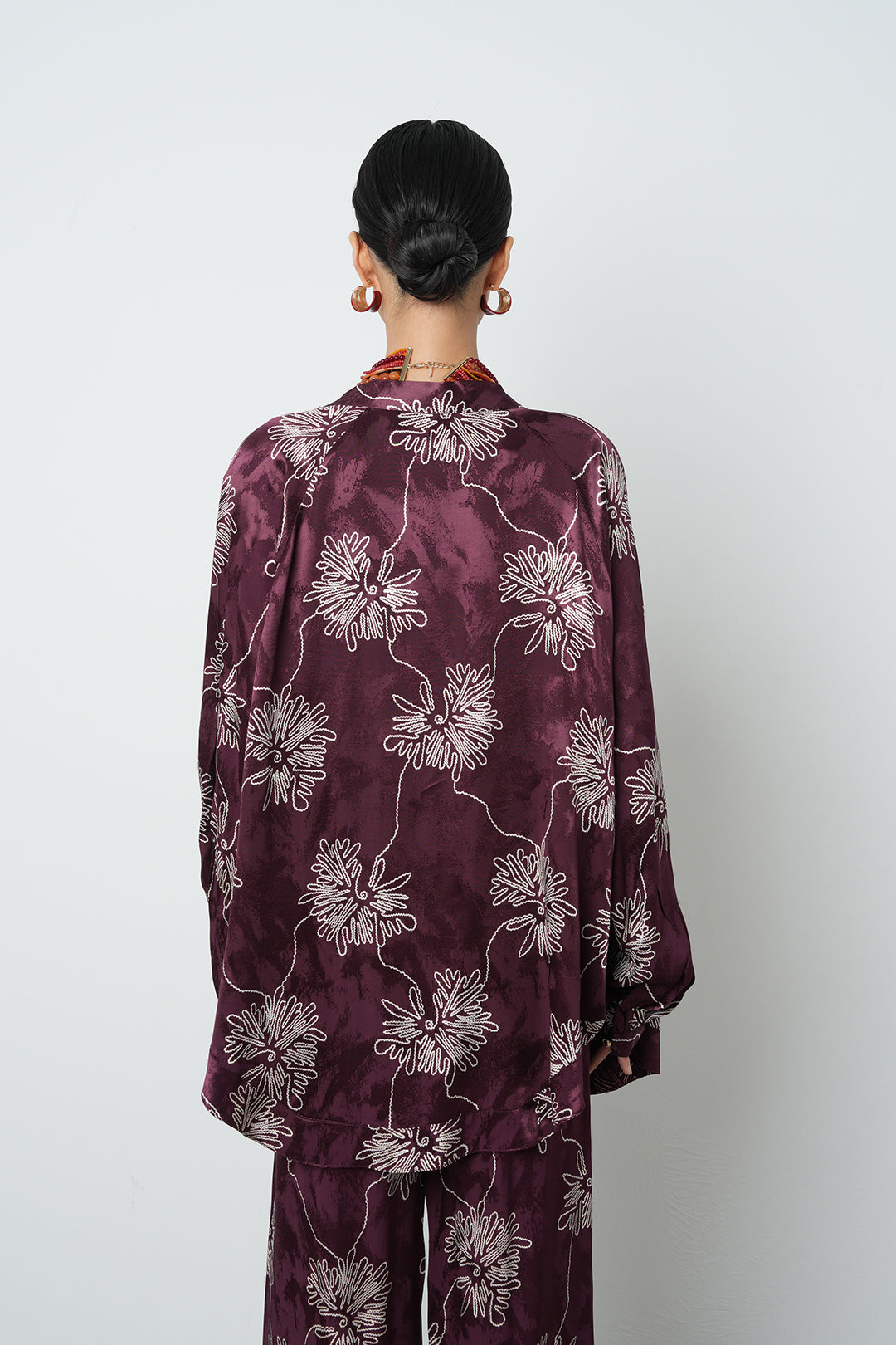 Bordo Çiçek Desenli Oversize Kimono