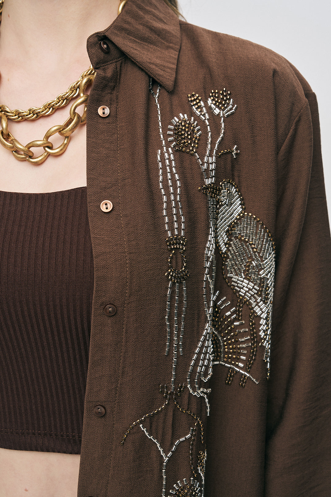 Orfeonegro Kuş ve Çiçek Boncuk İşlemeli Oversize Gömlek Kahve