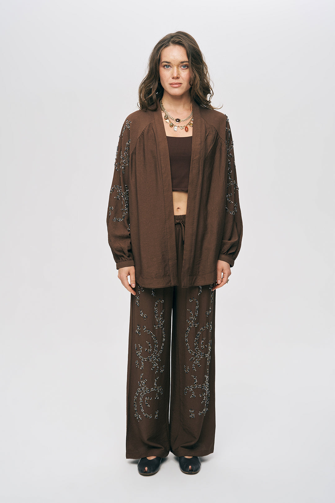 Orfeonegro Boncuk İşlemeli Oversize Kimono K.Kahve