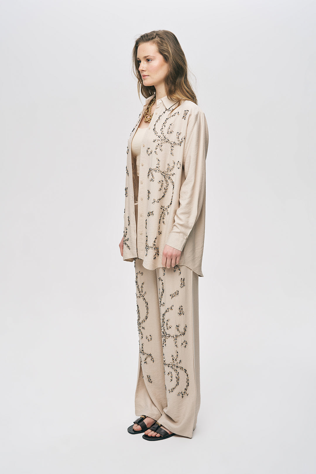 Orfeonegro Boncuk İşlemeli Oversize Gömlek Açık Bej