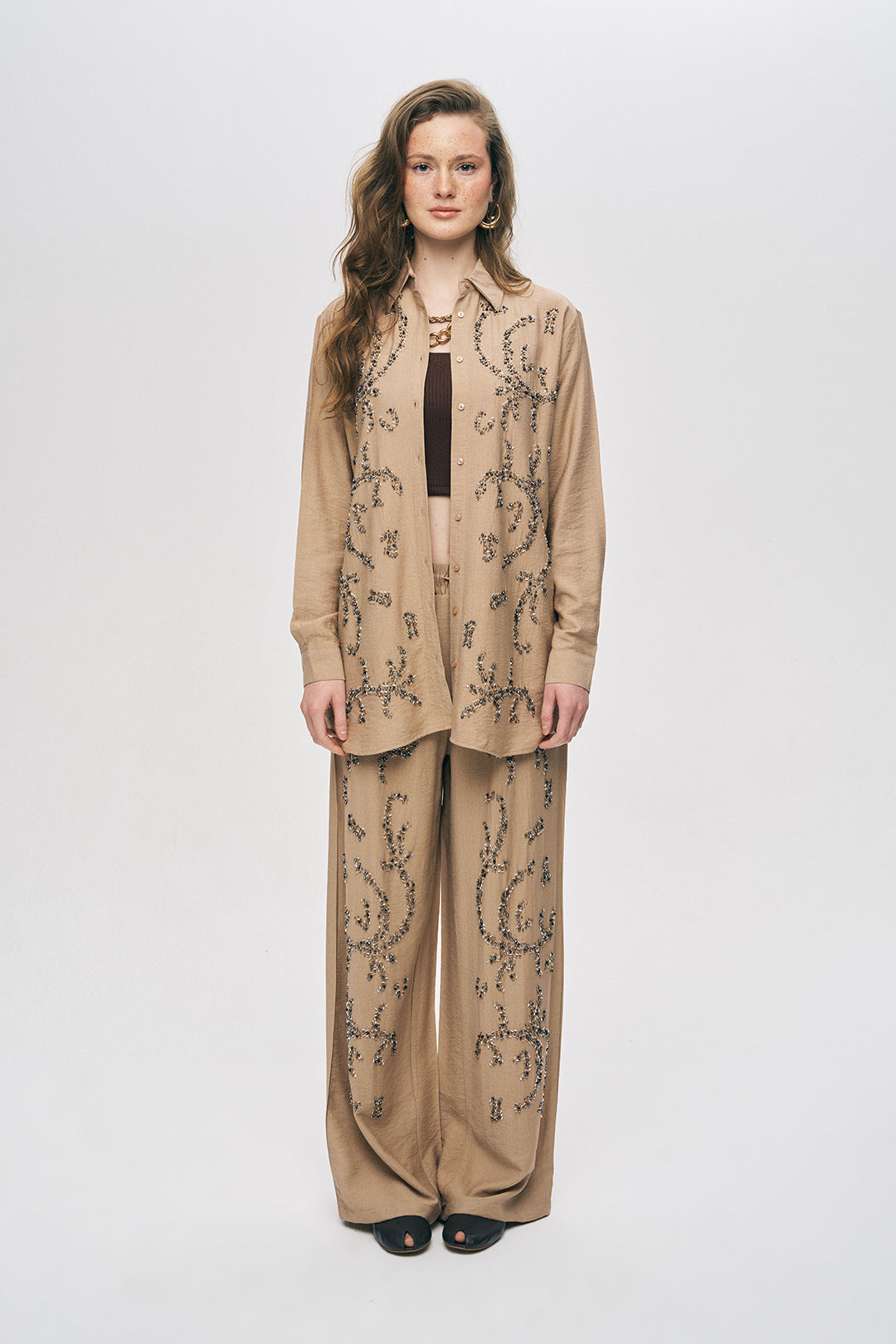 Orfeonegro Boncuk İşlemeli Oversize Gömlek Bej