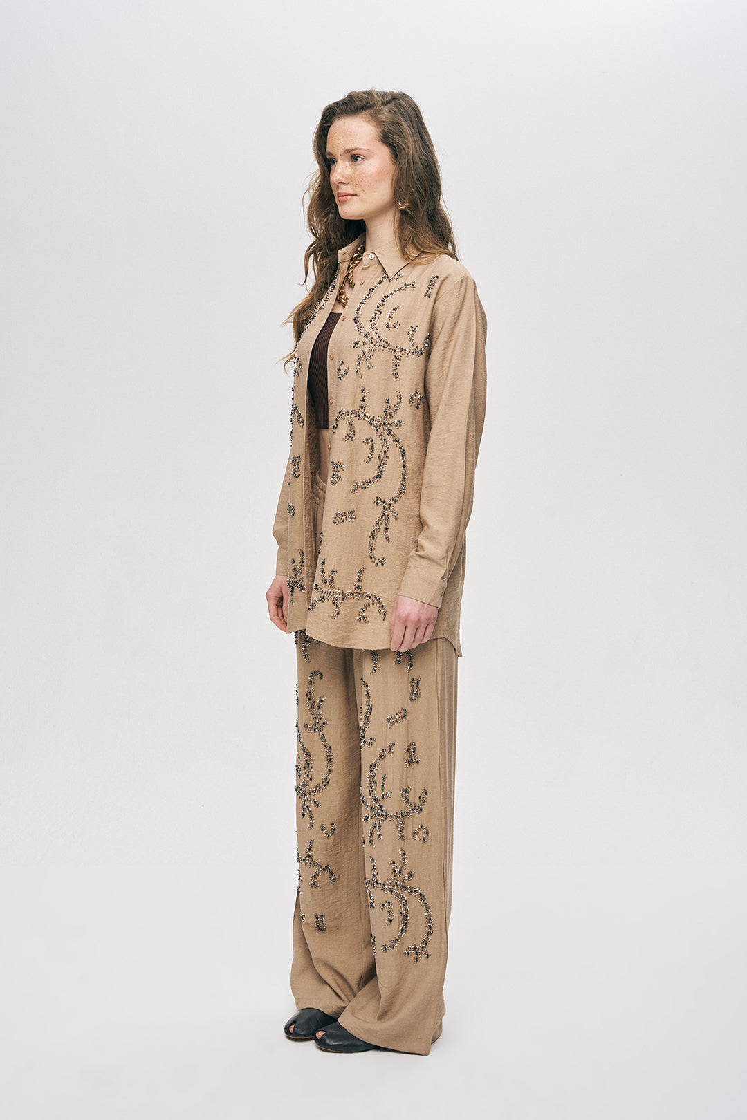 Orfeonegro Boncuk İşlemeli Oversize Gömlek Bej