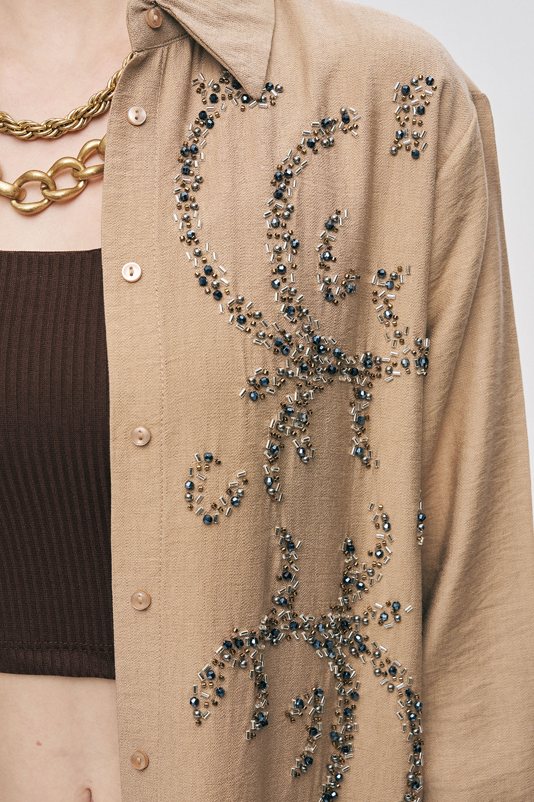 Orfeonegro Boncuk İşlemeli Oversize Gömlek Bej