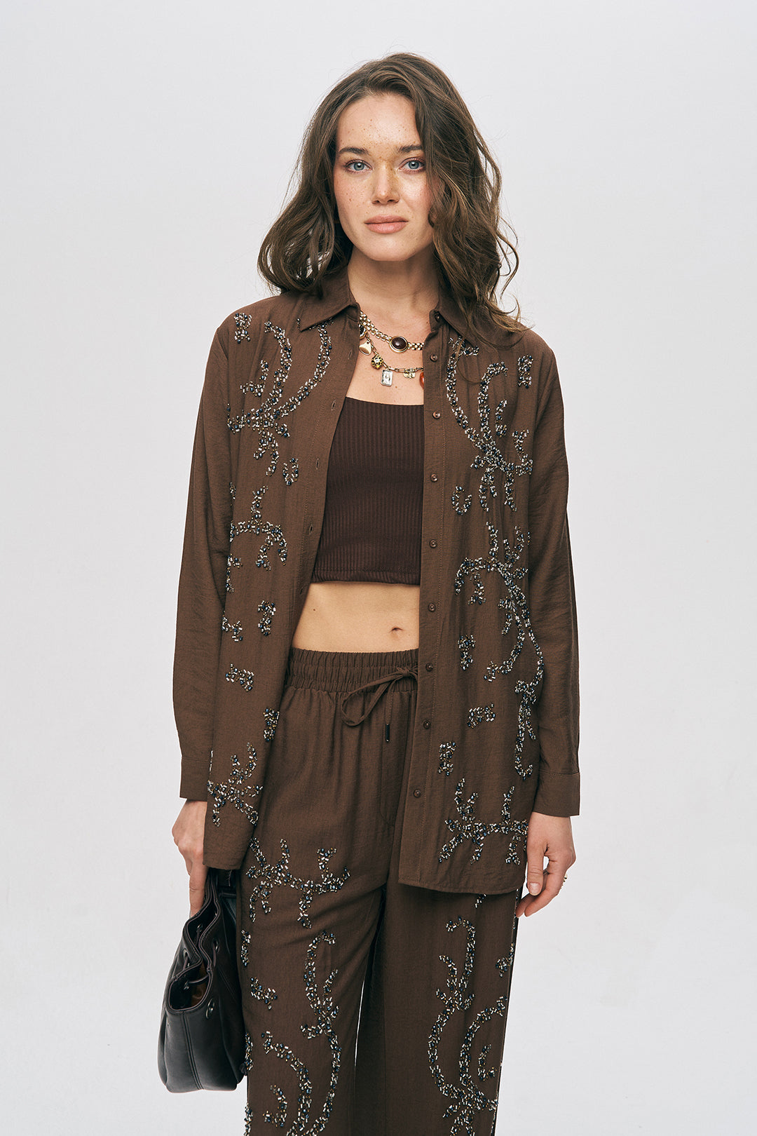Orfeonegro Boncuk İşlemeli Oversize Gömlek K.Kahve