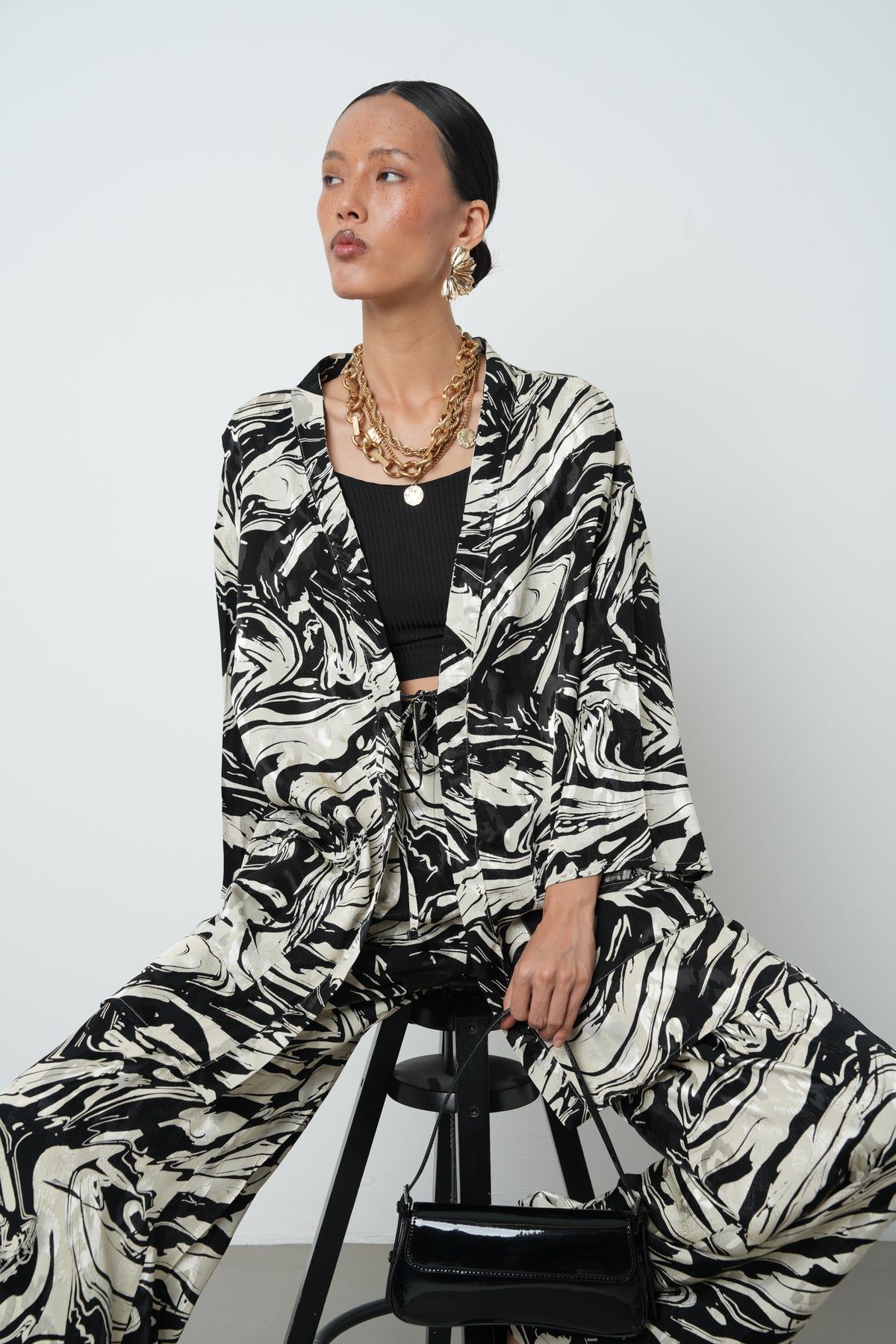 Toptan Siyah Beyaz Desenli Kimono