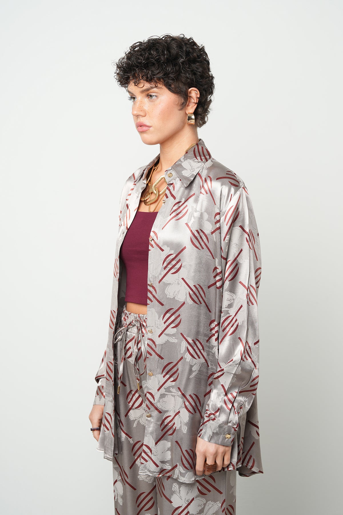 Orfeonegro Geometrik Desenli Oversize Saten Gömlek