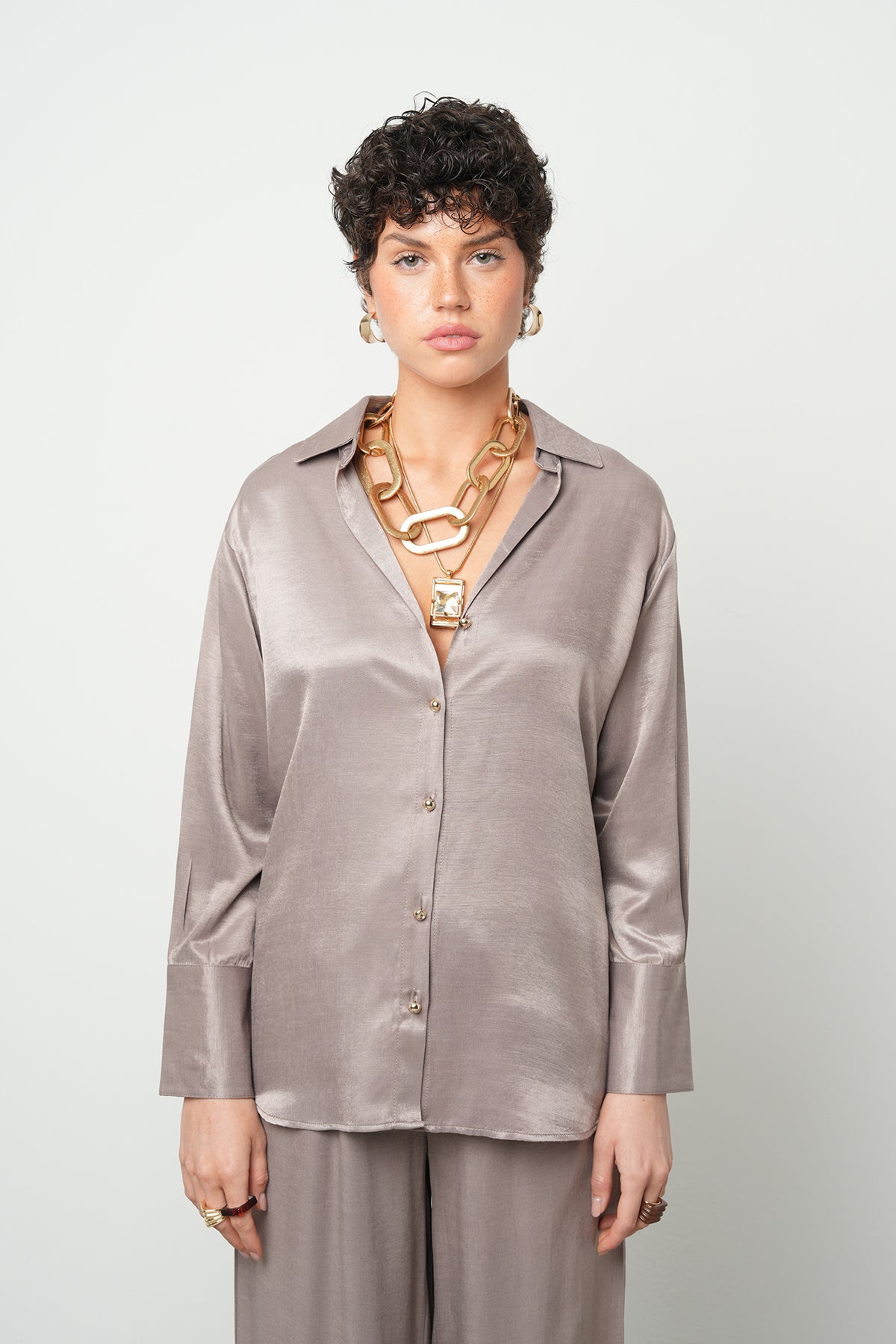 Orfeonegro Düz Saten Gömlek Vizon