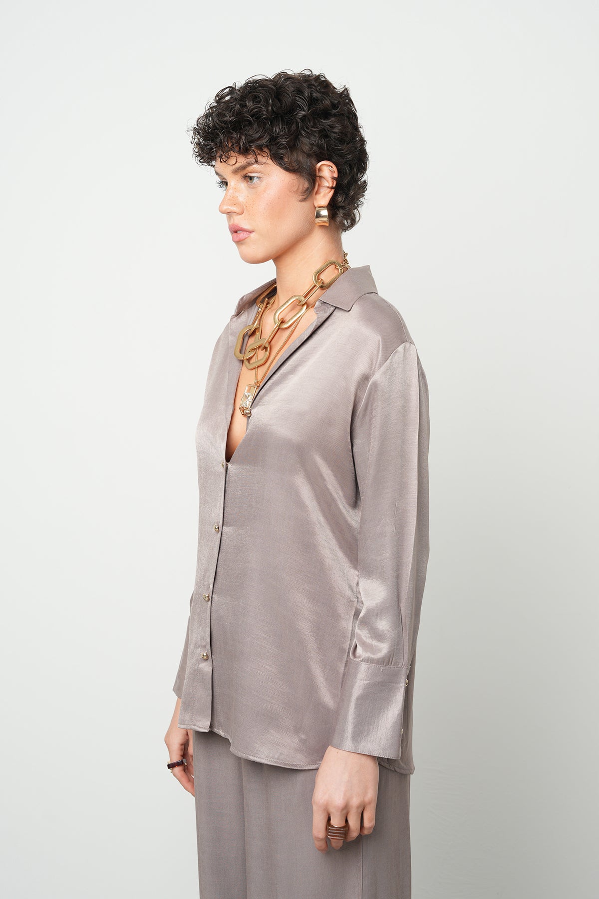 Orfeonegro Düz Saten Gömlek Vizon