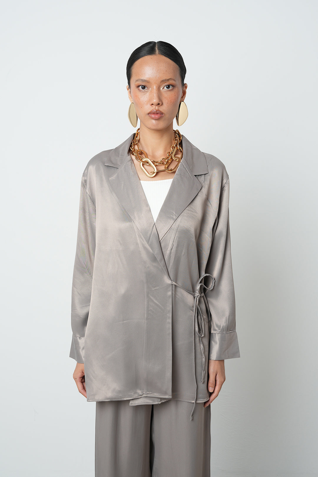 Orfeonegro Saten İp Detaylı Ceket Vizon