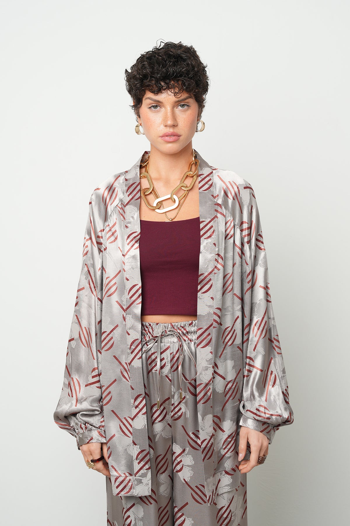 Orfeonegro Geometrik Desenli Oversize Kesim Saten Kimono