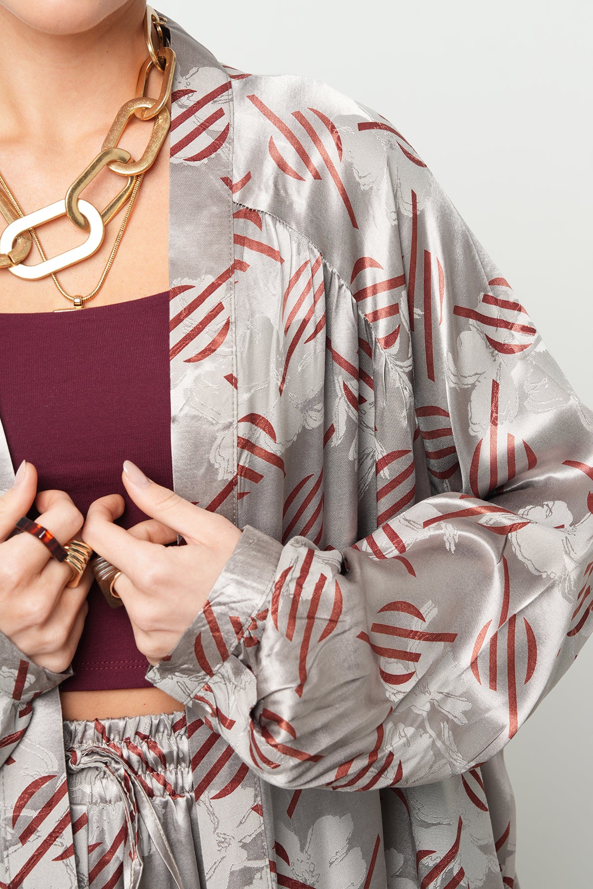 Orfeonegro Geometrik Desenli Oversize Kesim Saten Kimono