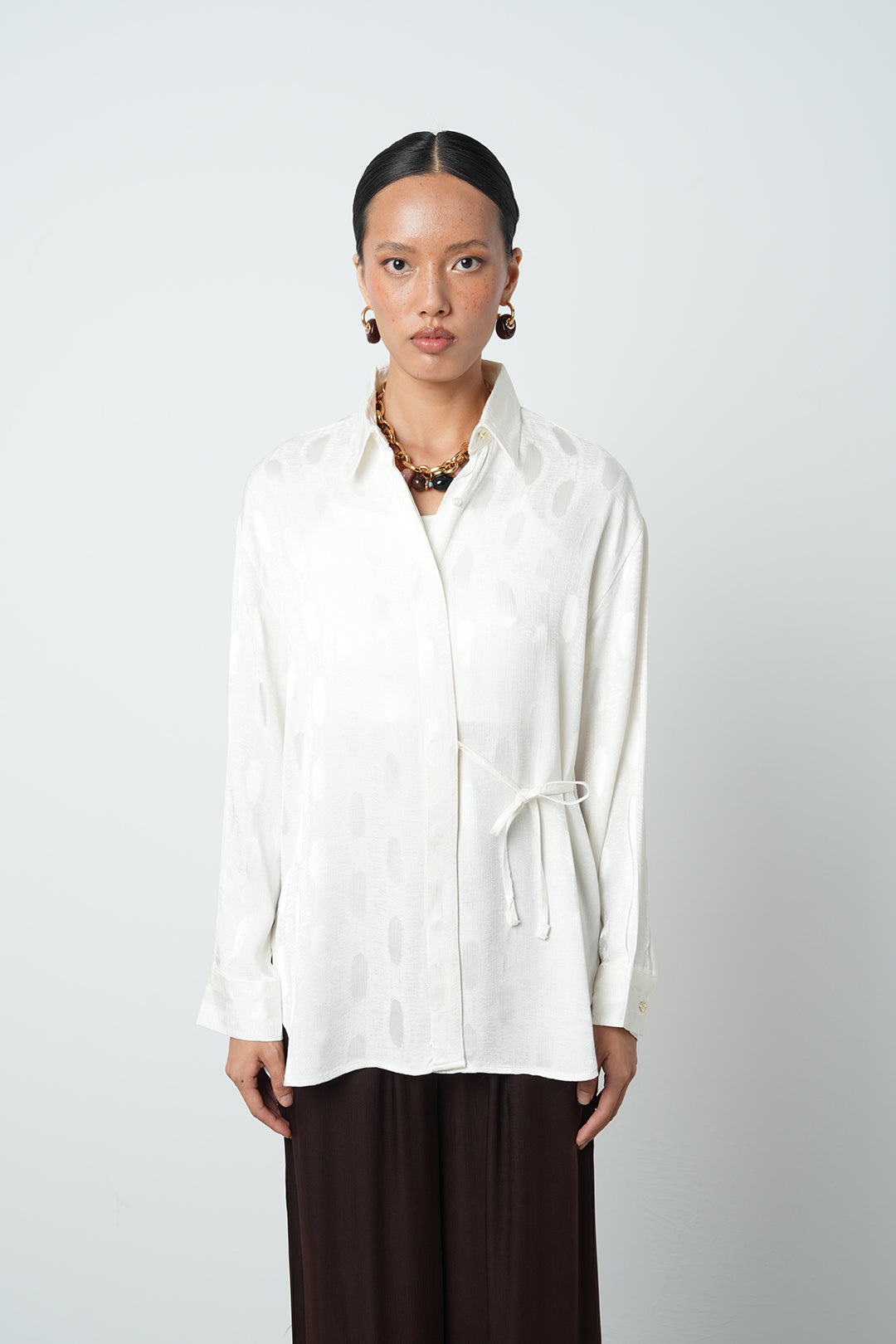Wholesale Side-Tie Jacquard Women's Shirt - 34727