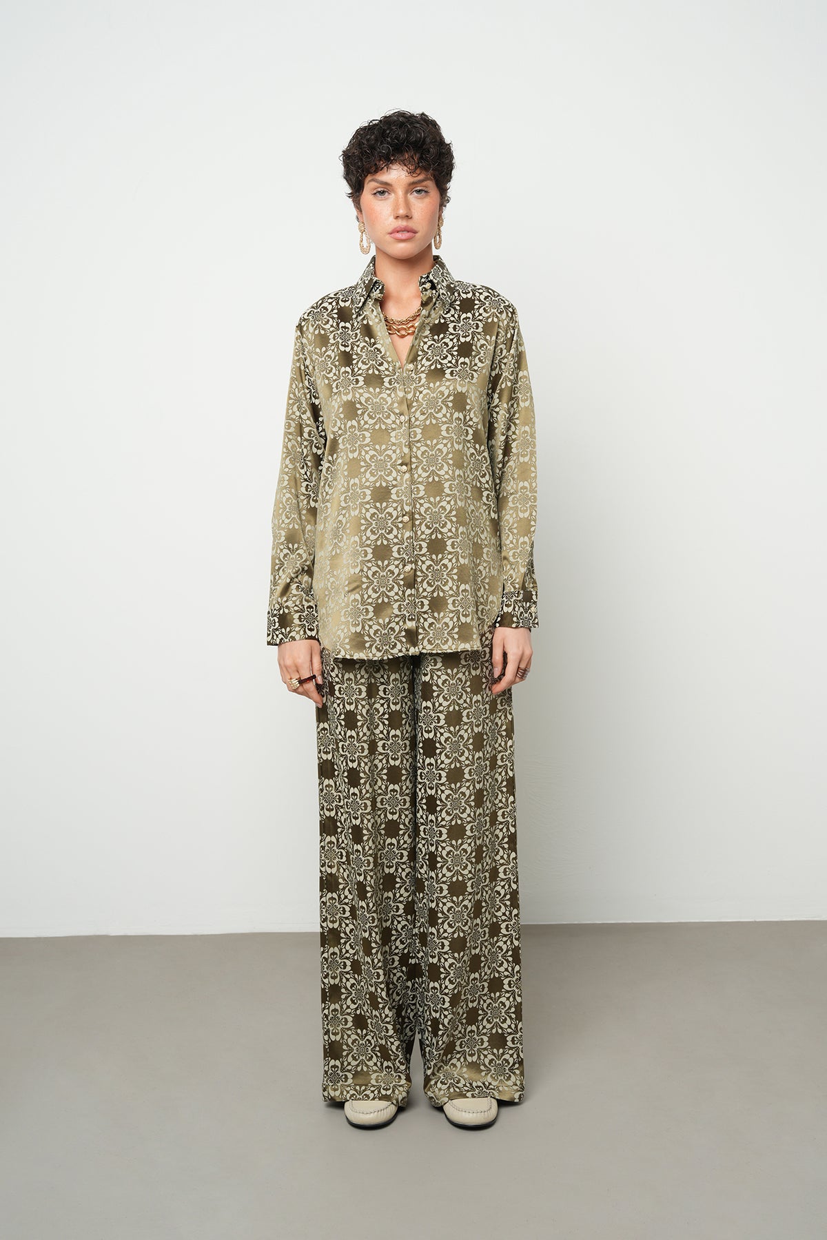 Orfeonegro Desenli Saten Haki Gömlek