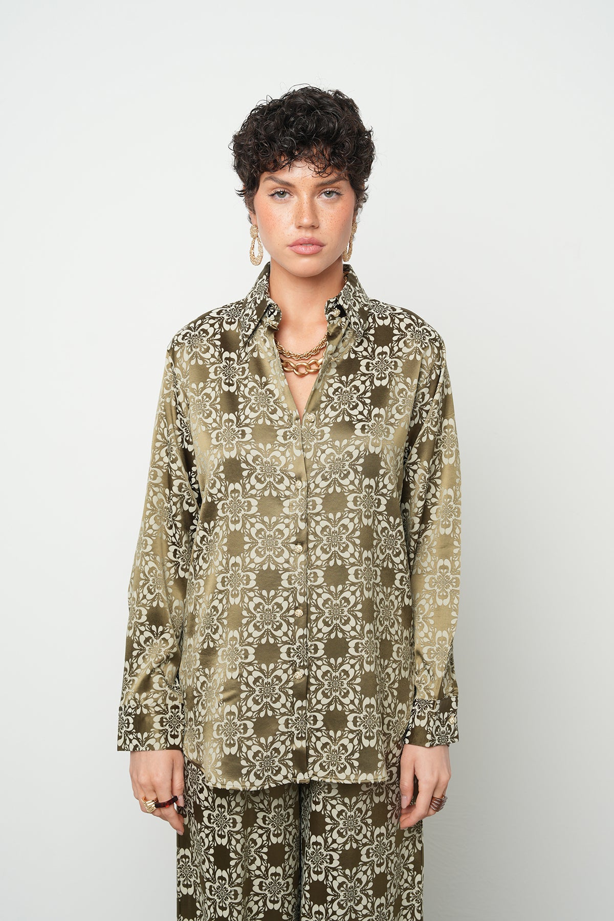 Orfeonegro Desenli Saten Haki Gömlek