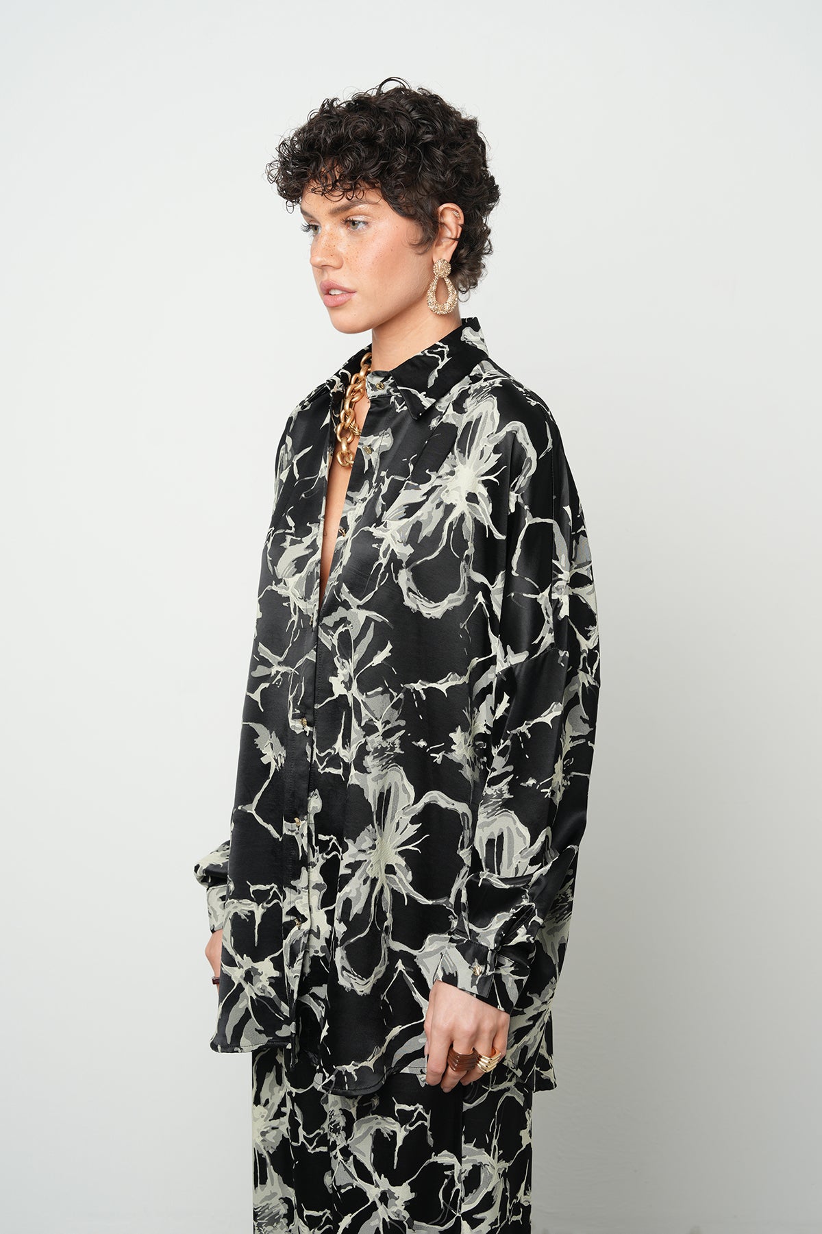 Orfeonegro Siyah Desenli Oversize Gömlek