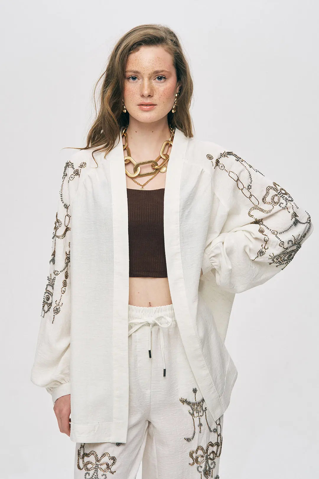 Toptan Kadın Oversize Taş İşlemeli Kimono ORFEONEGRO