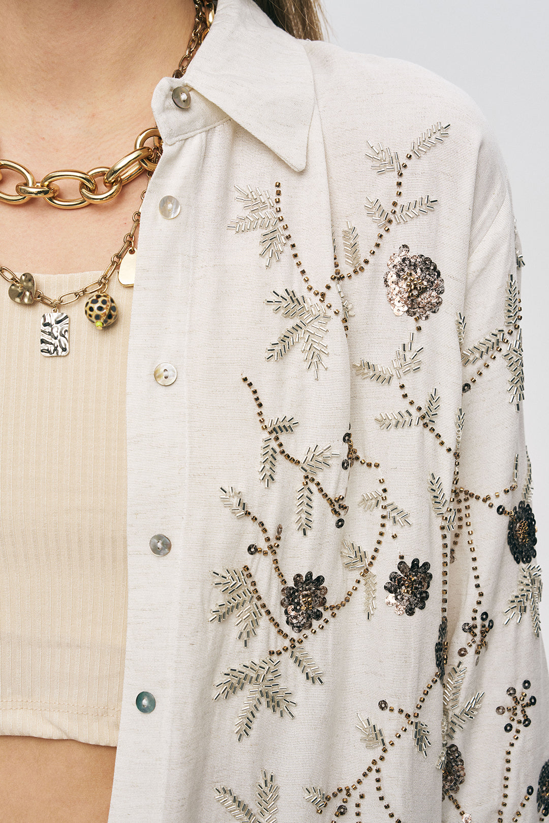 Orfeonegro Çiçek Nakışlı Oversize Gömlek