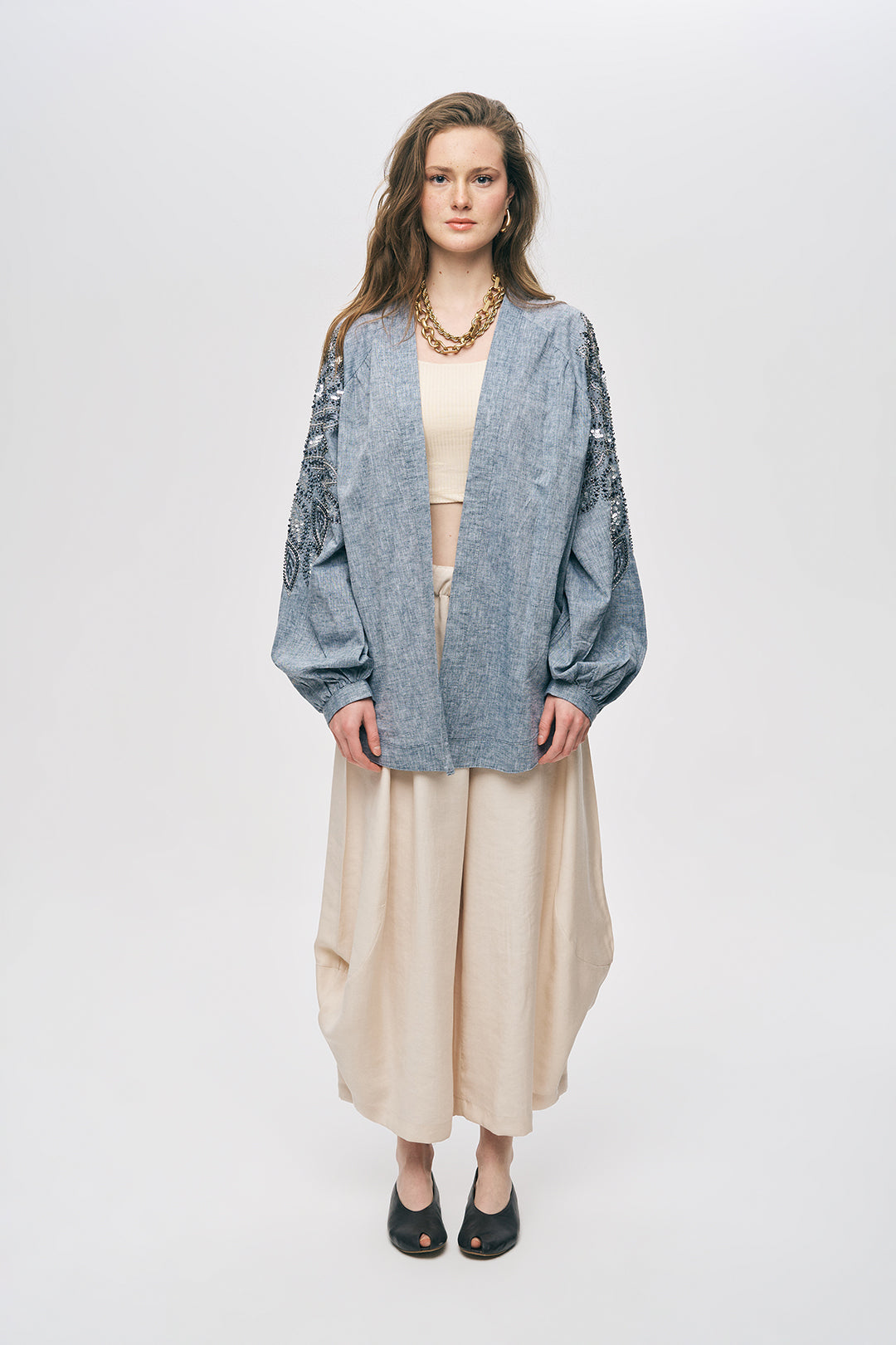 Antrasit Sırtı Nakış ve Pul İşlemeli Oversize Kimono