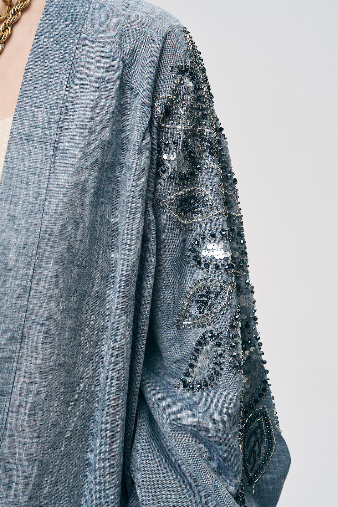 Antrasit Sırtı Nakış ve Pul İşlemeli Oversize Kimono