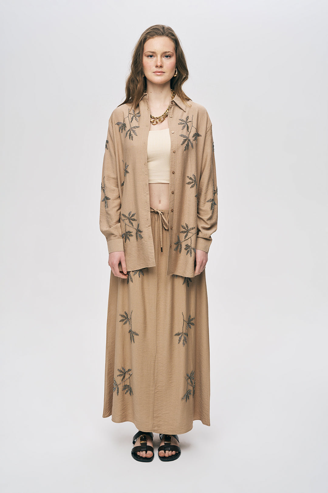 Orfeonegro  Bej Yaprak Nakışlı Oversize Gömlek