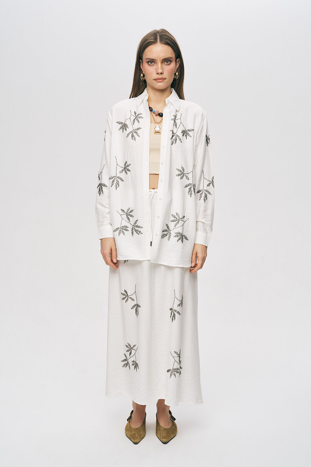 Orfeonegro  Ekru Yaprak Nakışlı Oversize Gömlek