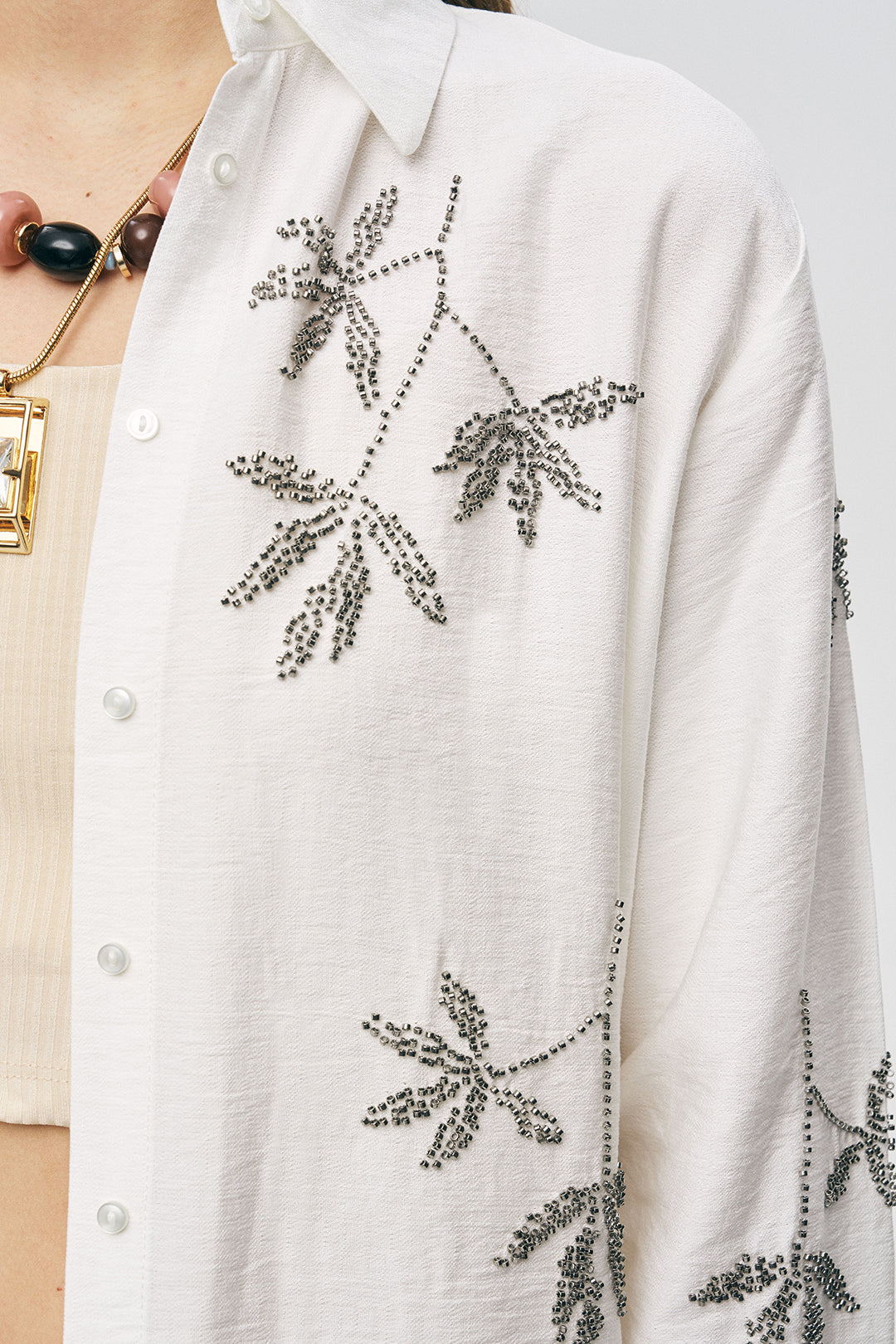 Orfeonegro  Ekru Yaprak Nakışlı Oversize Gömlek