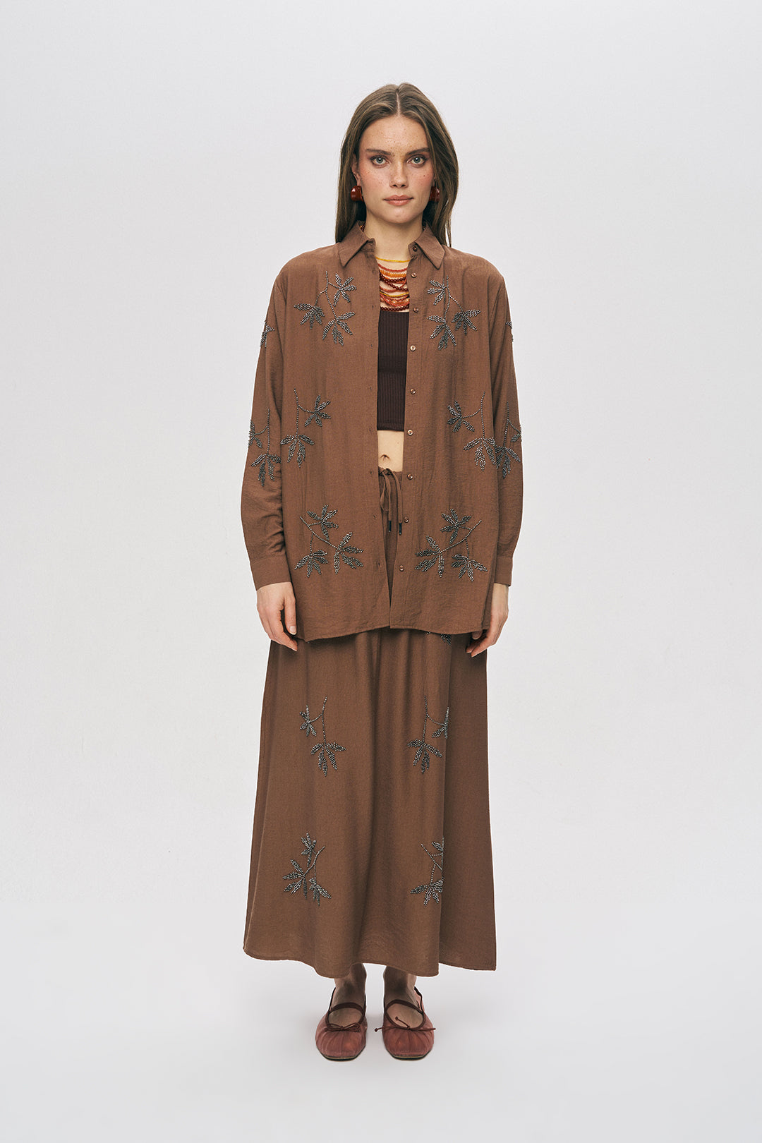 Orfeonegro  Kahverengi Yaprak Nakışlı Oversize Gömlek