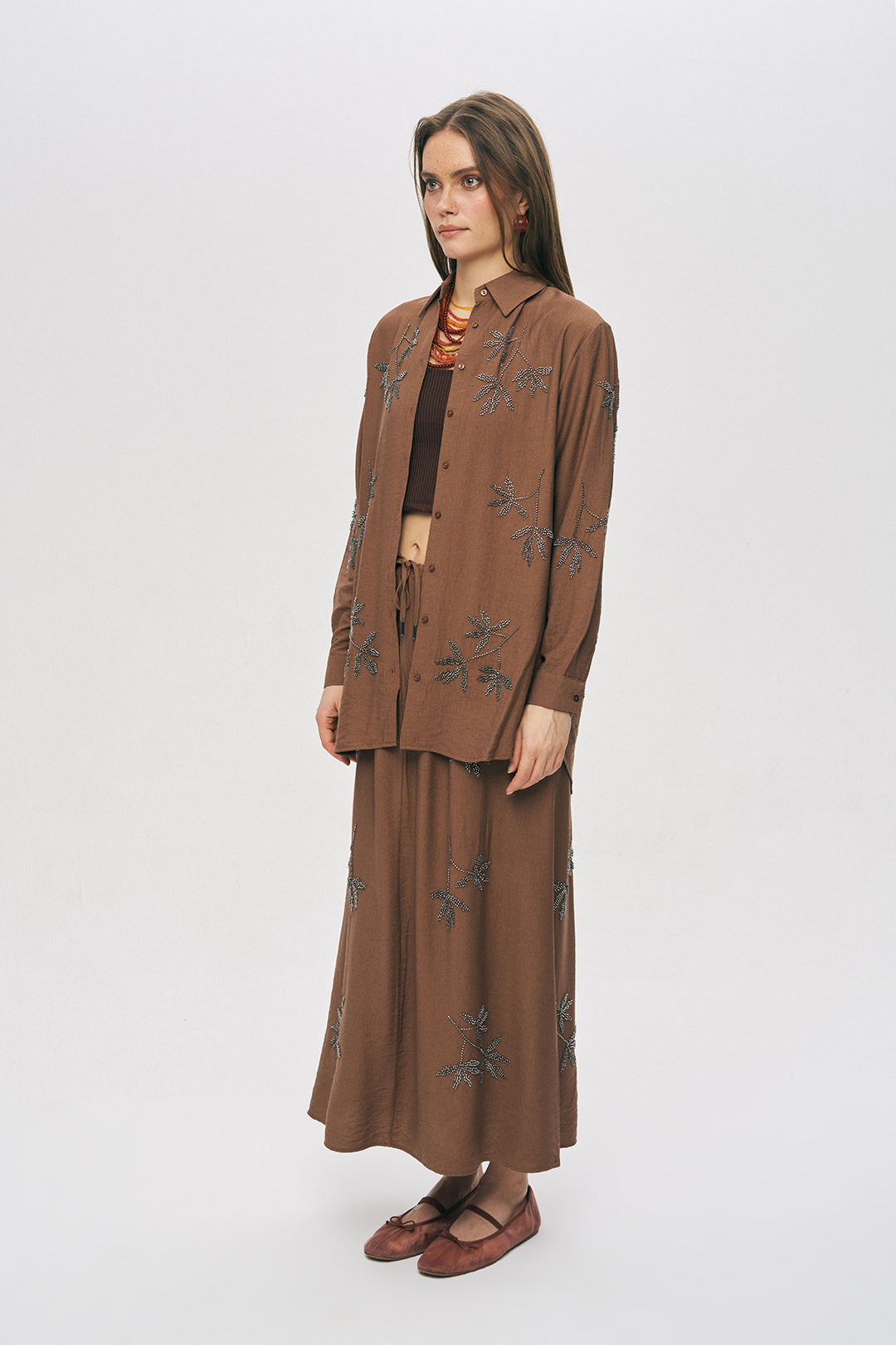 Orfeonegro  Kahverengi Yaprak Nakışlı Oversize Gömlek