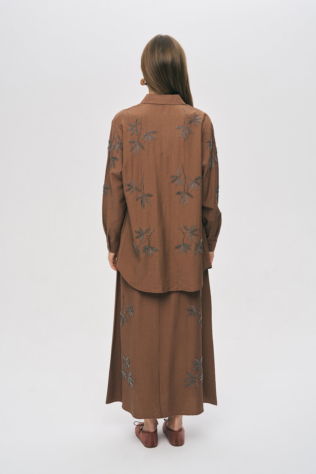 Orfeonegro  Kahverengi Yaprak Nakışlı Oversize Gömlek