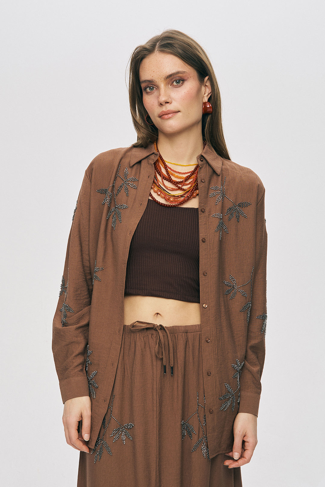 Orfeonegro  Kahverengi Yaprak Nakışlı Oversize Gömlek