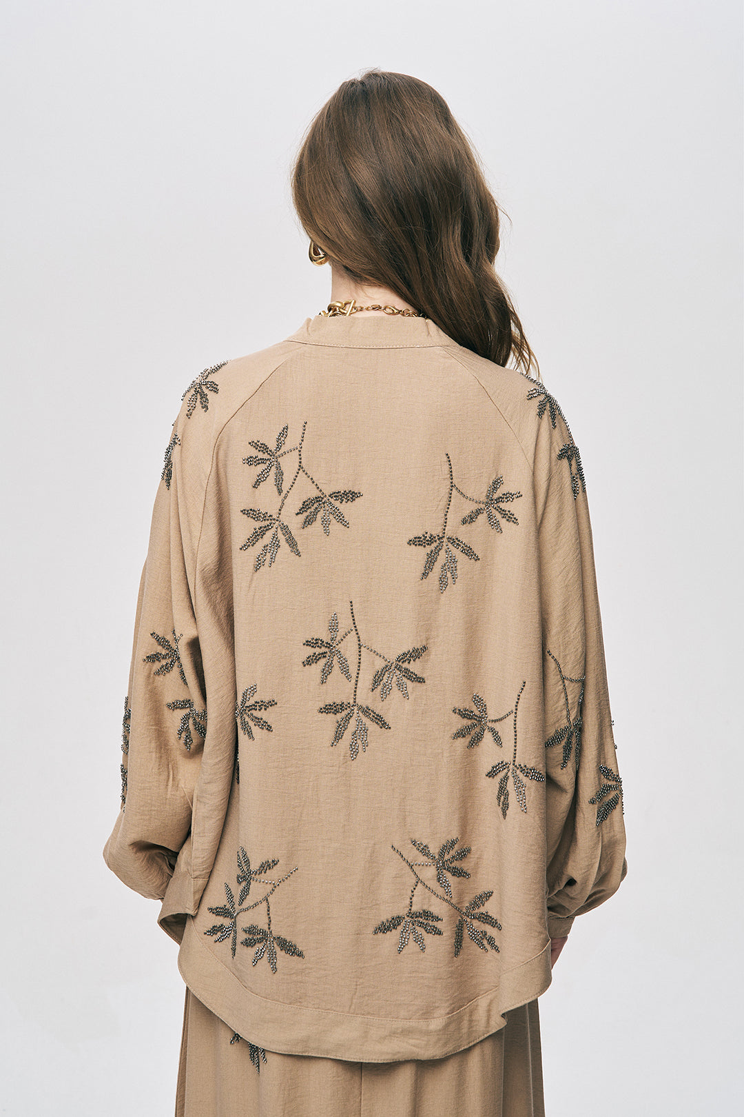 Orfeonegro Bej Yaprak Nakışlı Oversize Kimono