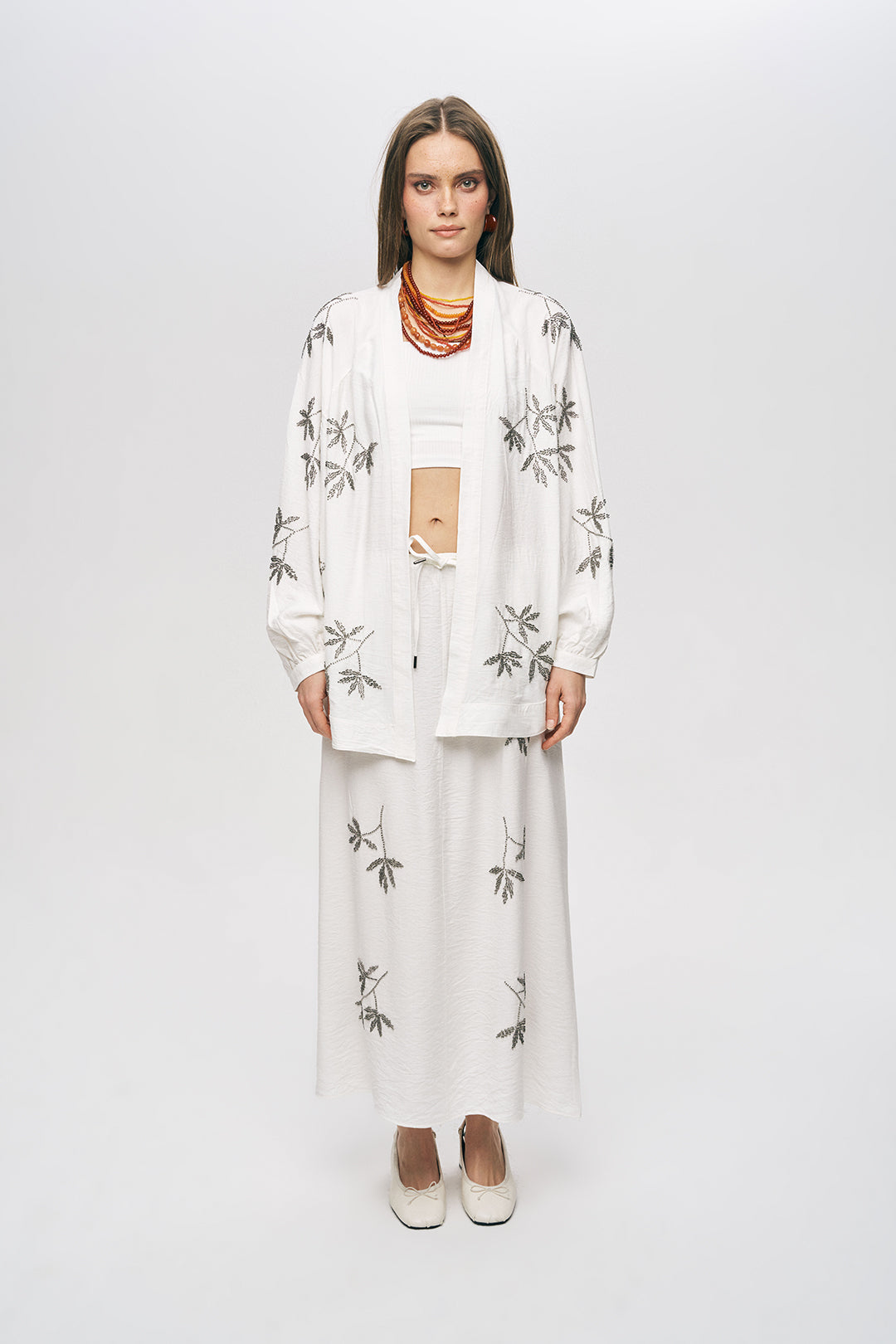 Orfeonegro Ekru Yaprak Nakışlı Oversize Kimono