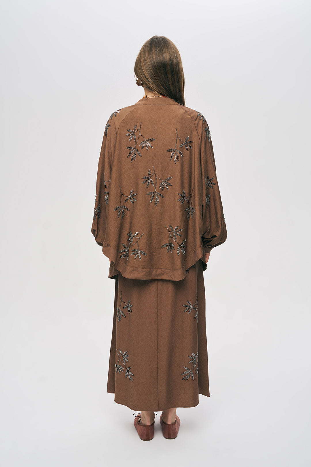 Orfeonegro Kahverengi Yaprak Nakışlı Oversize Kimono