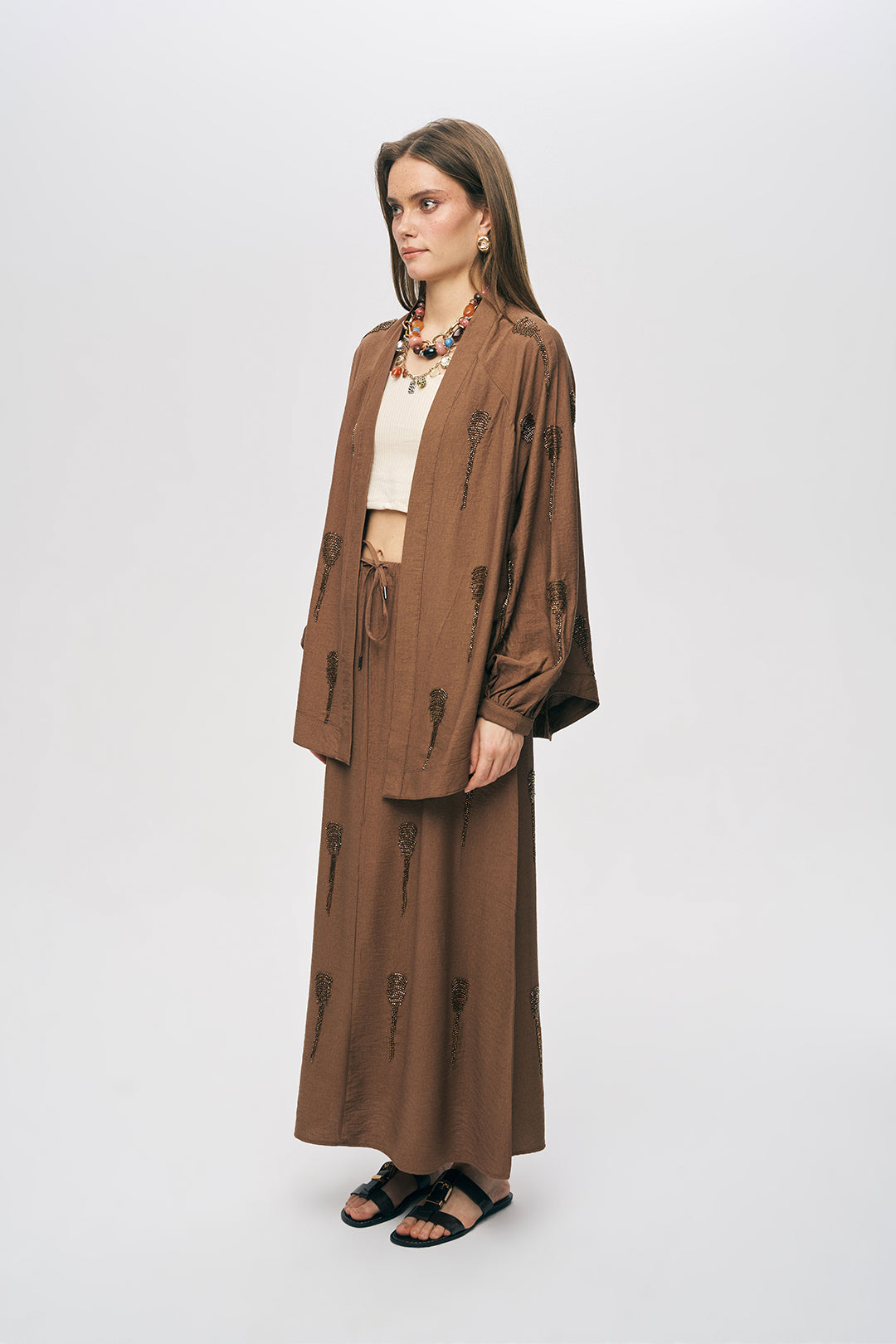 Orfeonegro Boncuk İşlemeli Kahve Kimono