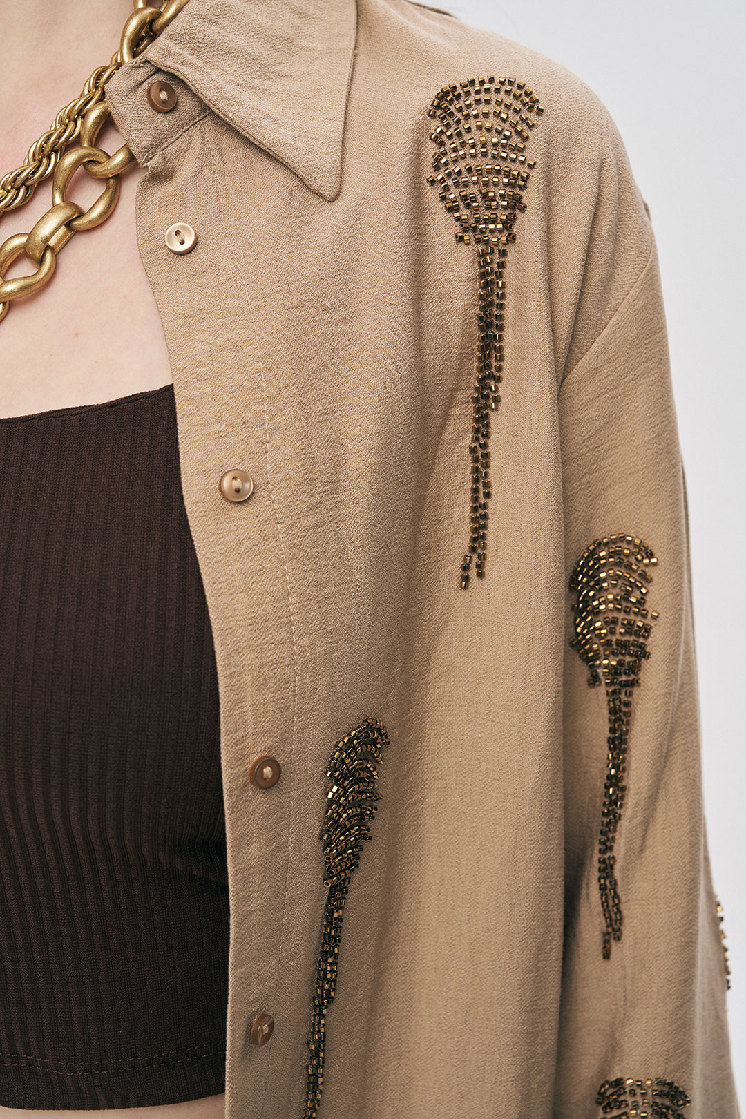 Orfeonegro Boncuk İşlemeli Bej Gömlek