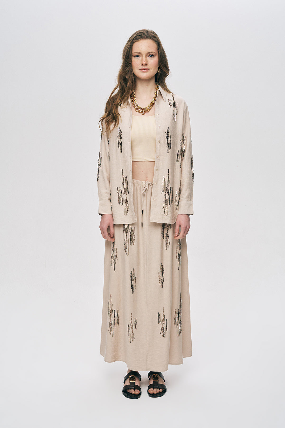 Orfeonegro Açık Bej Işıltılı Payet İşlemeli Gömlek