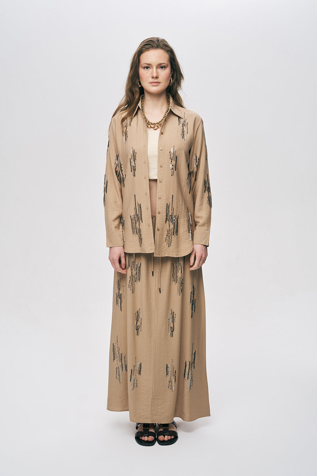Orfeonegro Bej Işıltılı Payet İşlemeli Gömlek