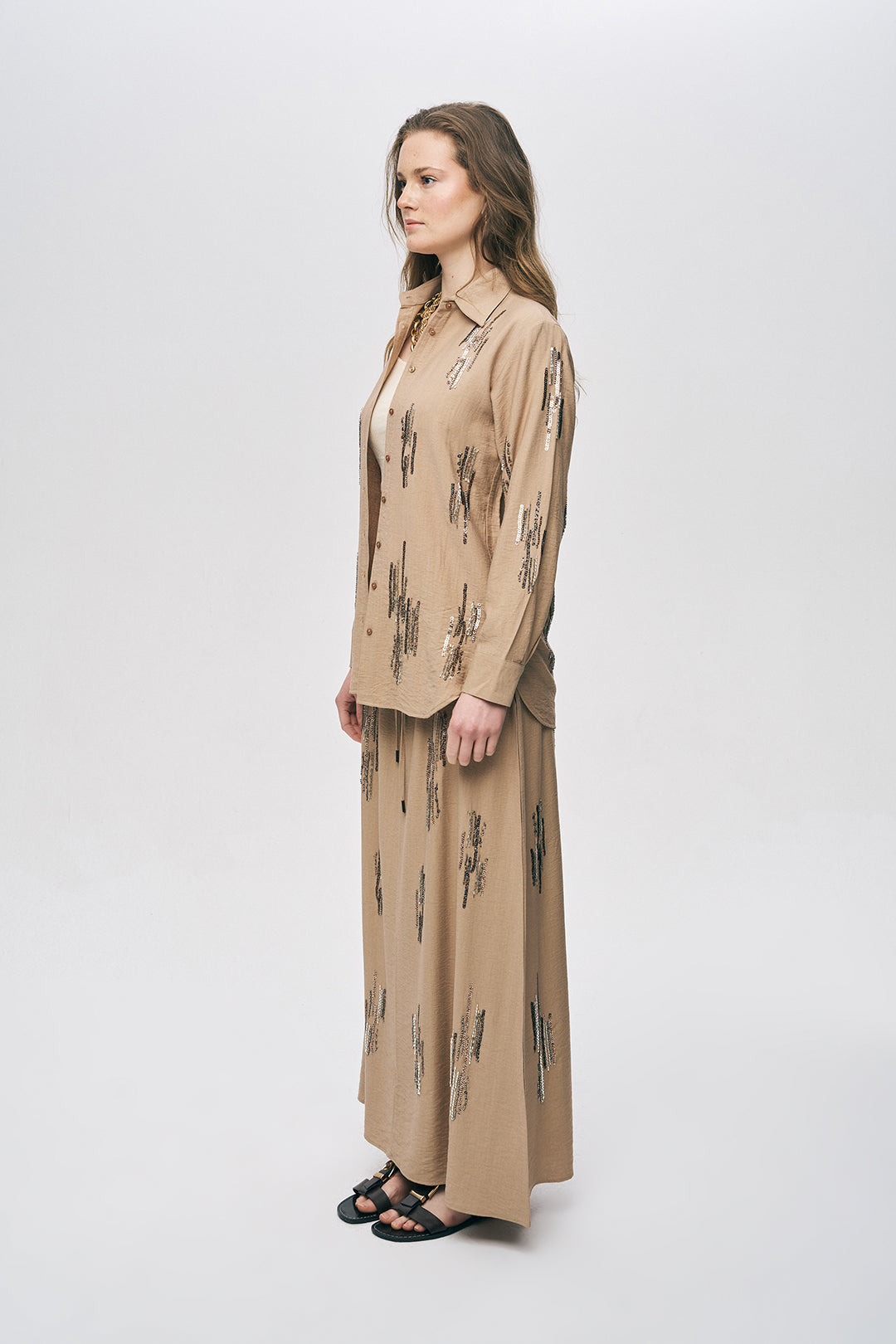 Orfeonegro Bej Işıltılı Payet İşlemeli Gömlek