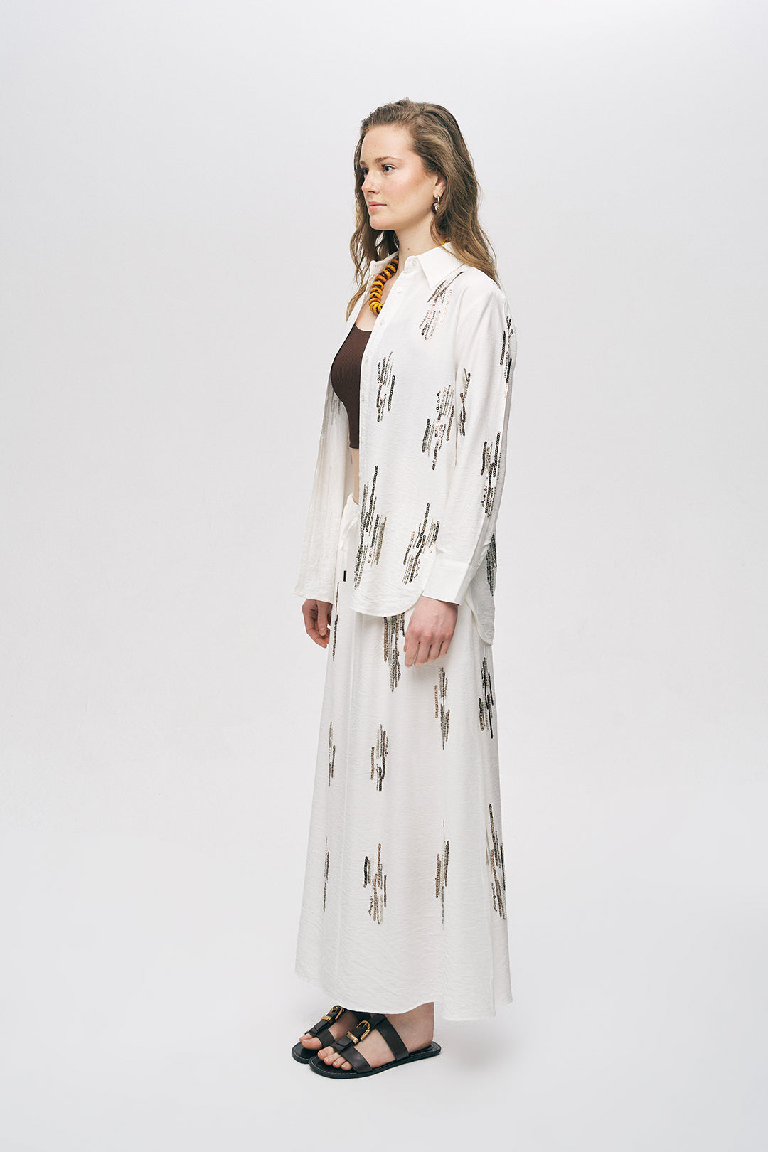 Orfeonegro Ekru Işıltılı Payet İşlemeli Gömlek