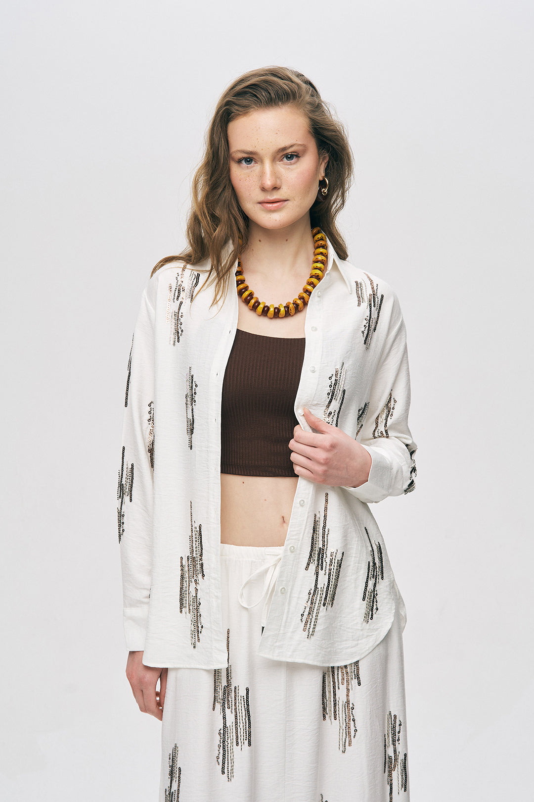 Orfeonegro Ekru Işıltılı Payet İşlemeli Gömlek