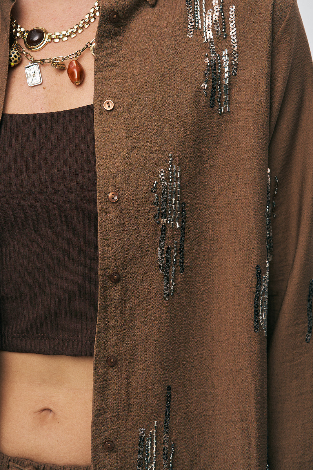 Orfeonegro Kahve Işıltılı Payet İşlemeli Gömlek
