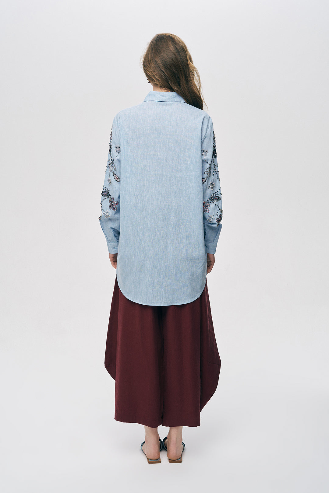 Nakışlı ve İşlemeli Keten Karışımlı Oversize Gömlek