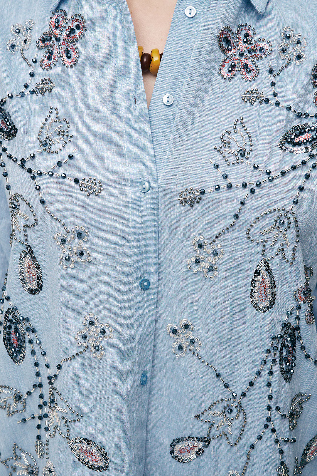 Nakışlı ve İşlemeli Keten Karışımlı Oversize Gömlek